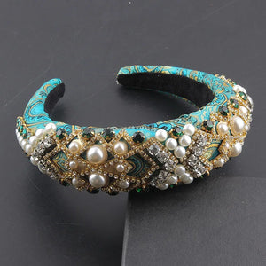 Exaggerated Baroque Headband with Rhinestones and Pearls