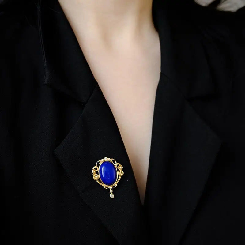 Lapis Lazuli Fan Vintage Brooch Pendant Dual-Use Chinese Pin Silver Jewelry
