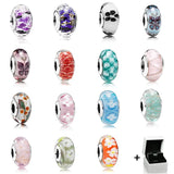 925 Silver Flower Pattern Glass Bead Charm for DIY Bracelet