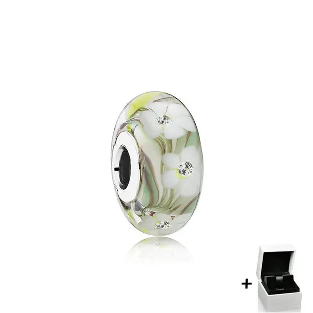 925 Silver Flower Pattern Glass Bead Charm for DIY Bracelet