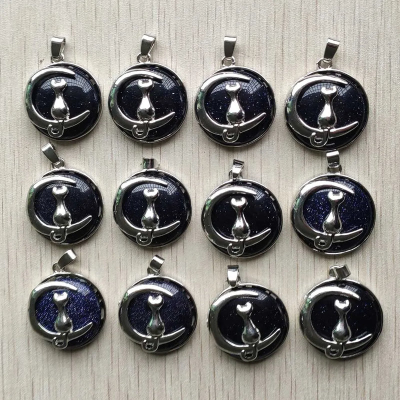 Sand Stone Moon Cat Metal Alloy Charms Pendants for Necklace Jewelry 12pcs