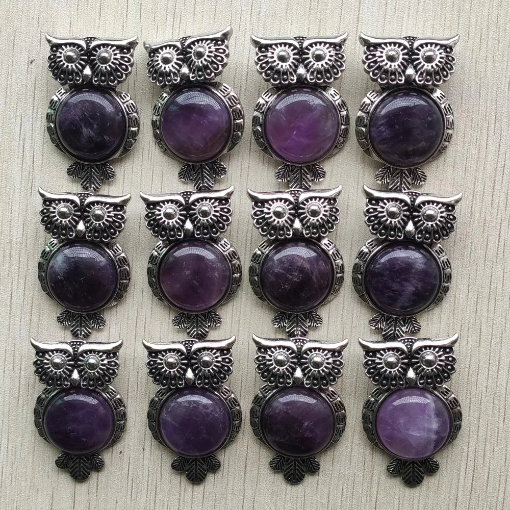 Vintage alloy owl pendants with natural amethyst stones 12pcs/lot