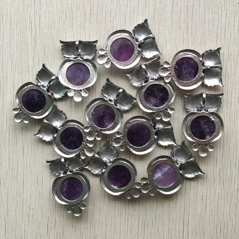 Vintage alloy owl pendants with natural amethyst stones 12pcs/lot