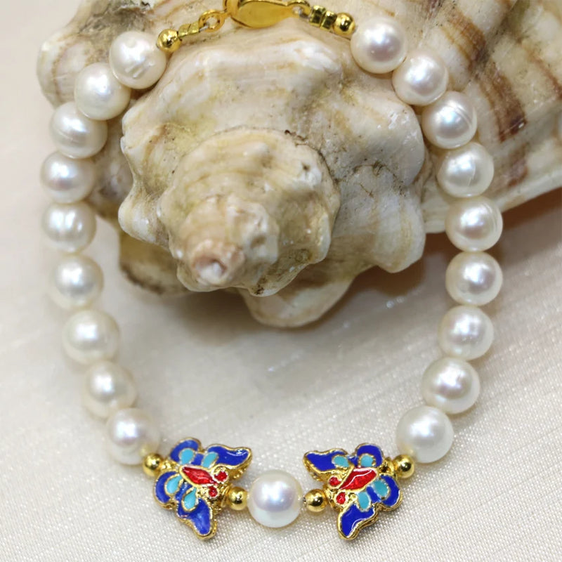 8-9mm Natural Pearl Beads Butterfly Cloisonne Bracelet