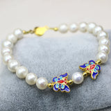 8-9mm Natural Pearl Beads Butterfly Cloisonne Bracelet