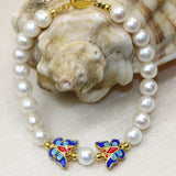 8-9mm Natural Pearl Beads Butterfly Cloisonne Bracelet