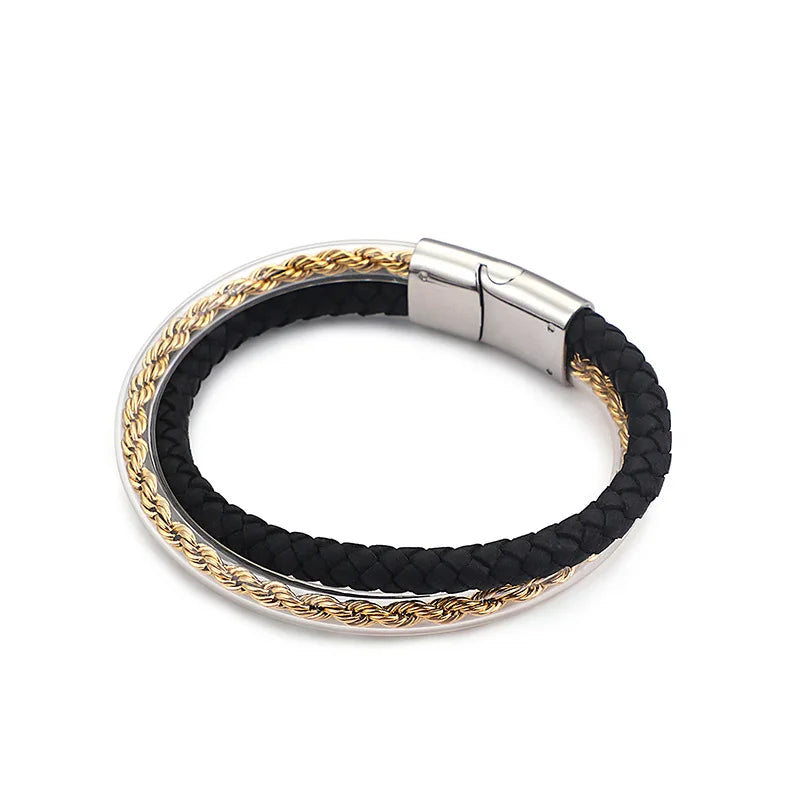 Men's Stainless Steel Magnetic Leather Rope Bracelet