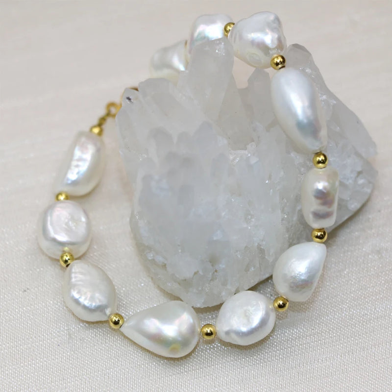 Irregular Pearl Charm Bracelet 12-14mm Beads Bangle for Women 7.5in