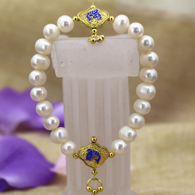 Natural Pearl Beads 9-10mm Strand Bracelet with Cloisonne Jewelry
