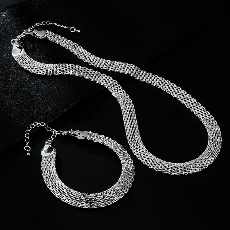 925 Sterling Silver Net Chain Bracelet Necklace Set