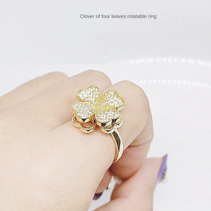 Four-Leaf Clover Rotating Zircon Ring Open Ring