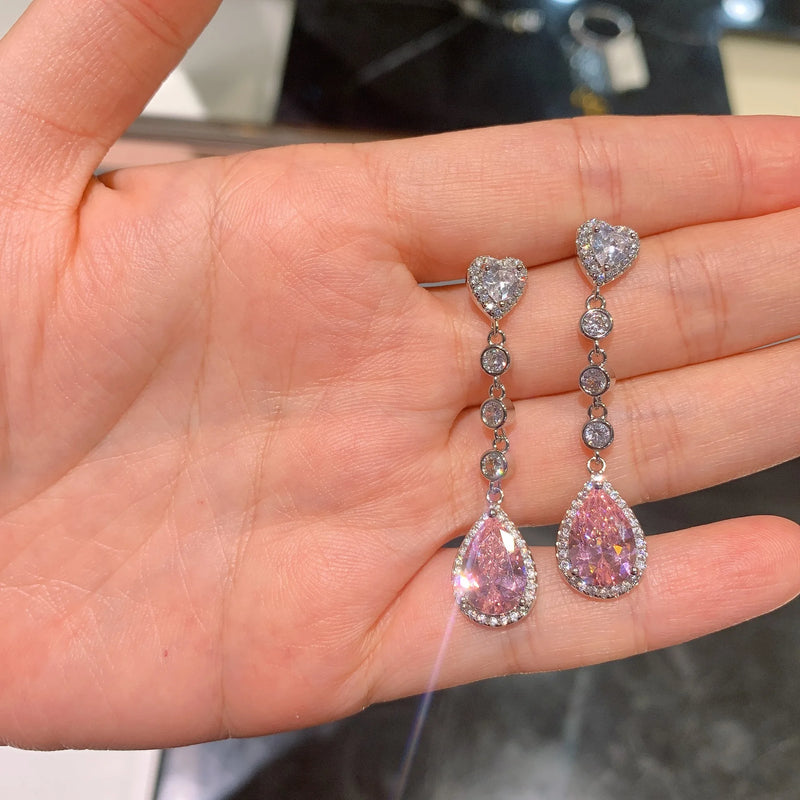 Pink Drop-Shaped Stone Pendant Earrings S925 for Couple