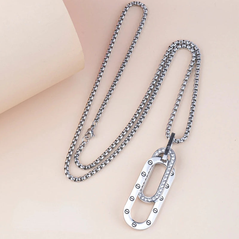Hip Hop Double Ring Dotted Diamond Stainless Steel Necklace