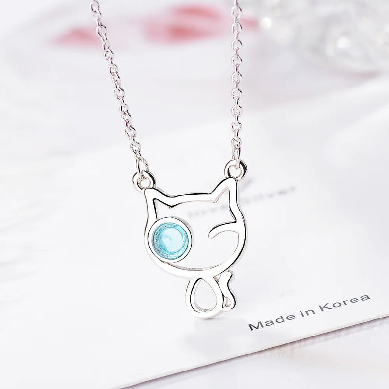 Women's Silver Eye Kitten Pendant Necklace Jewelry