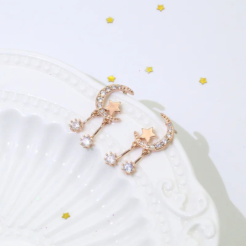 Women's Silver Rose Star Moon Zircon Earrings