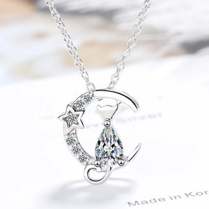 Sterling Silver Cat Moon Zircon Necklace Wedding Jewelry