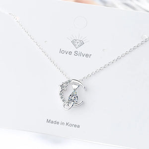 Sterling Silver Cat Moon Zircon Necklace Wedding Jewelry