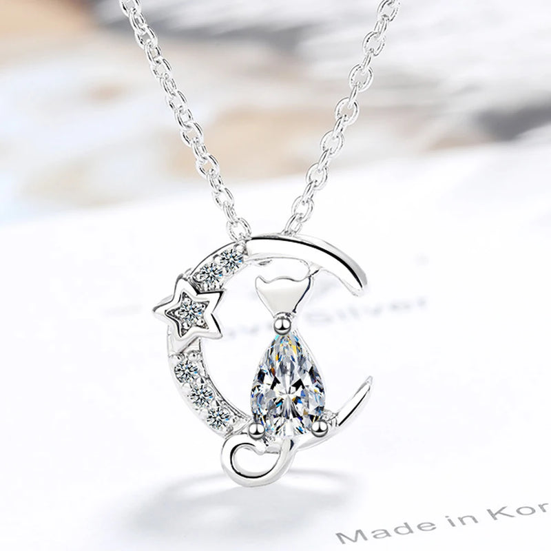 Sterling Silver Cat Moon Zircon Necklace Wedding Jewelry