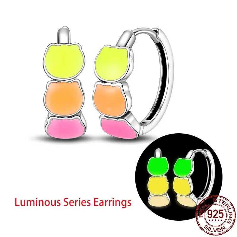 925 Silver Colorful Glowing Cat Earrings Women's Jewelry Gift