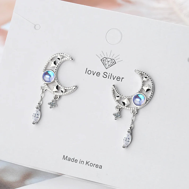 Moon Tassel Stud Earrings in 925 Silver