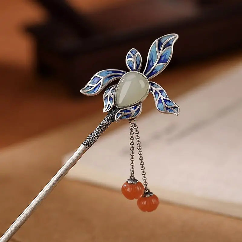Cloisonne Hotan Jade Orchid Hair Jewelry Vintage Tassels Tiara Hanfu