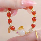 Natural Hetian Jade Rabbit Bracelet Carnelian Beaded Bangle