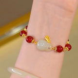 Natural Hetian Jade Rabbit Bracelet Carnelian Beaded Bangle Charm Jewelry