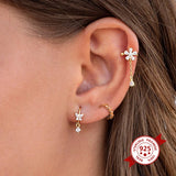 925 Silver Hoop Earrings with Round Bead CZ Ear Buckle