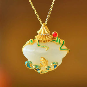 Vintage Silver Inlaid Hotan Jade Necklace Ruyi Pendant Jewelry