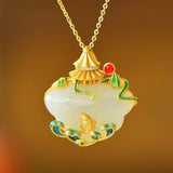 Vintage Silver Inlaid Hotan Jade Necklace Ruyi Pendant Jewelry