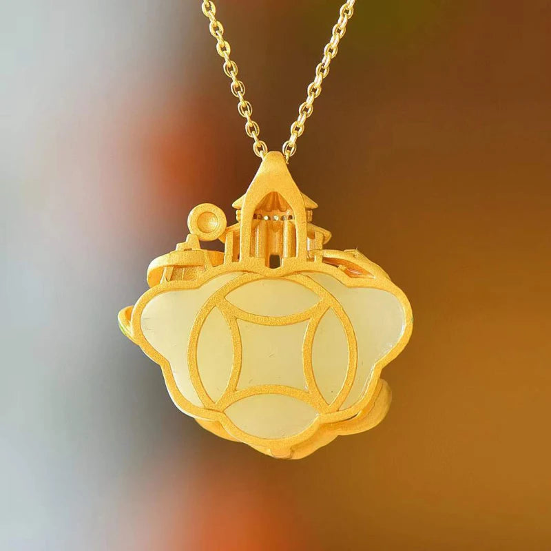 Vintage Silver Inlaid Hotan Jade Necklace Ruyi Pendant Jewelry