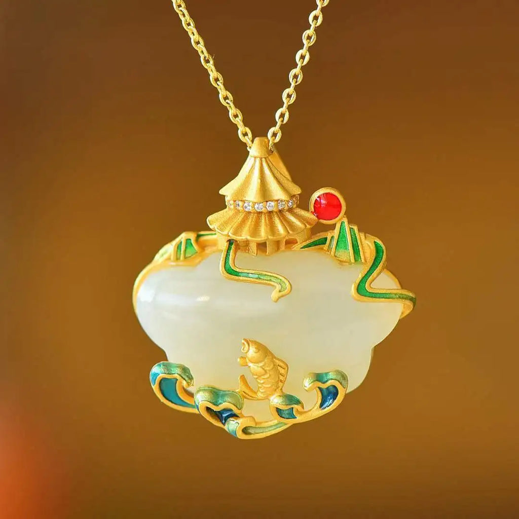 Vintage Silver Inlaid Hotan Jade Necklace Ruyi Pendant Jewelry