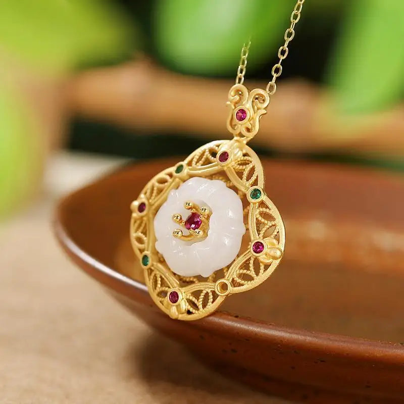 Hollow Plum Blossom Necklace Pendant with Zircon on Hetian Jade