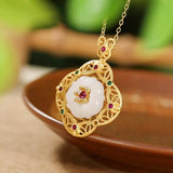 Hollow Plum Blossom Necklace Pendant with Zircon on Hetian Jade