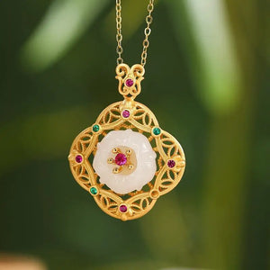 Hollow Plum Blossom Necklace Pendant with Zircon on Hetian Jade
