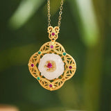 Hollow Plum Blossom Necklace Pendant with Zircon on Hetian Jade