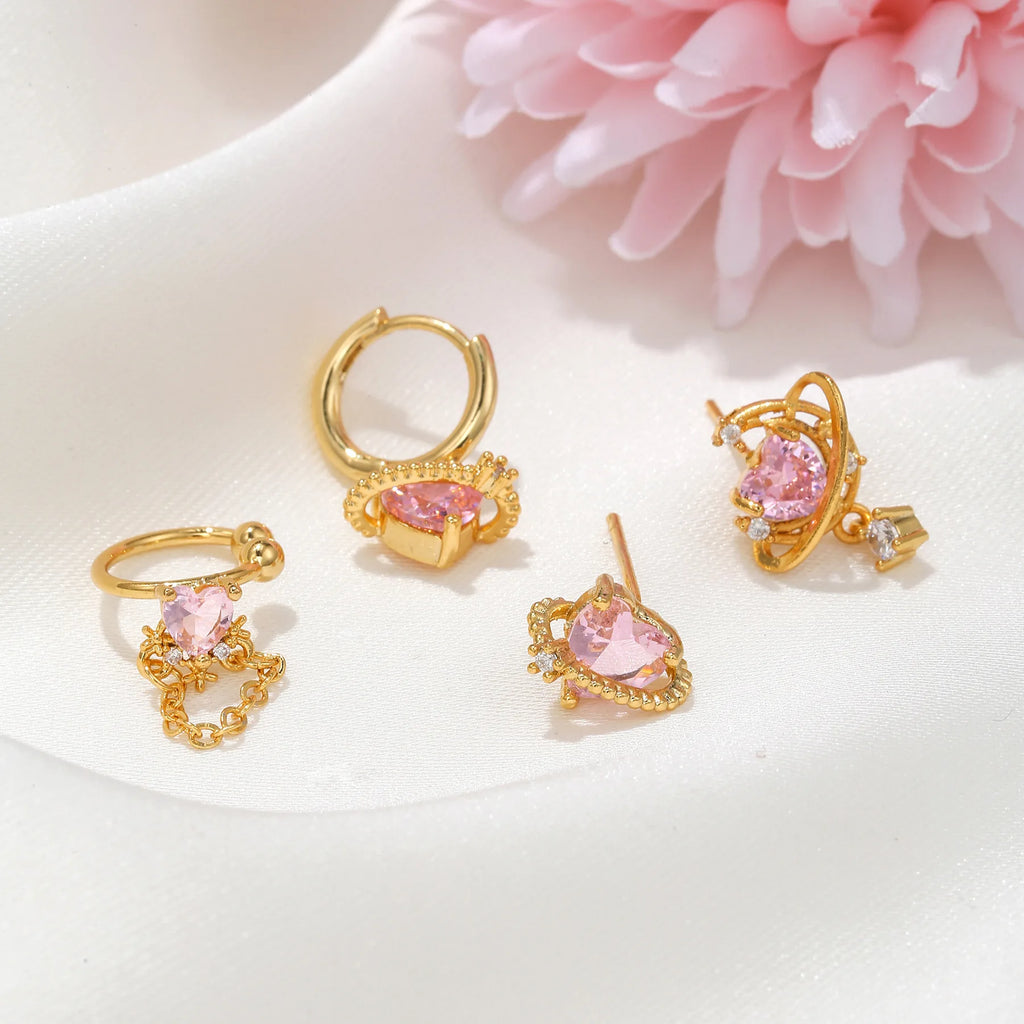 Vintage Pink Heart Zircon Earrings Set