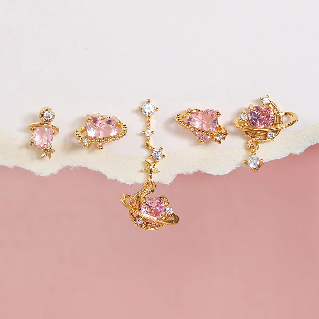 Vintage Pink Heart Zircon Earrings Set