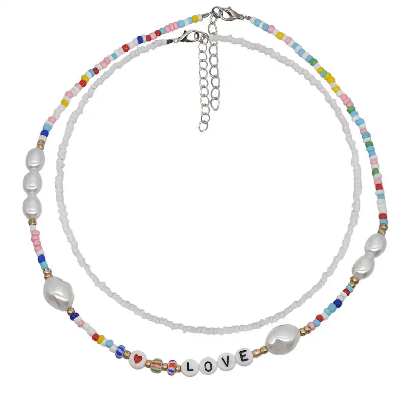 Colorful Rice Bead Love Necklace Women Geometric Pearl Necklace