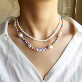 Colorful Rice Bead Love Necklace Women Geometric Pearl Necklace