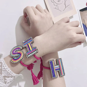 Crystal 26 Letter Braided Bracelet, Adjustable Multi-Layer Embroidery Bracelet