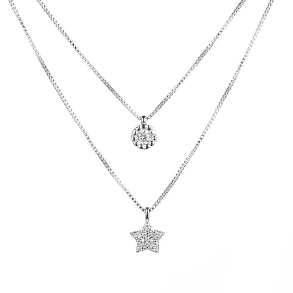 Double Layer Pentagram Necklace with Diamond Star Pendant