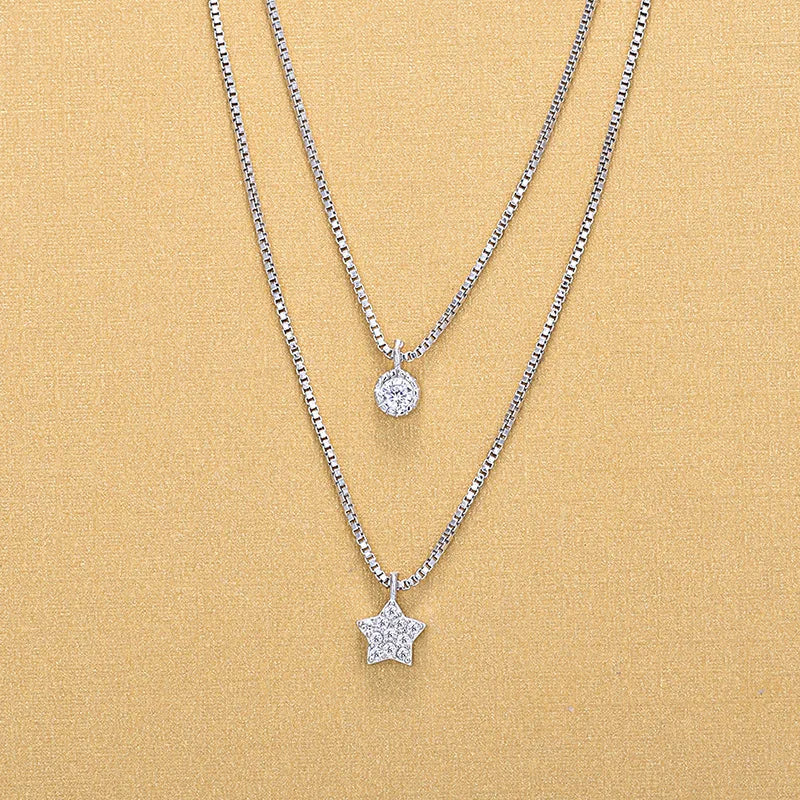 Double Layer Pentagram Necklace with Diamond Star Pendant