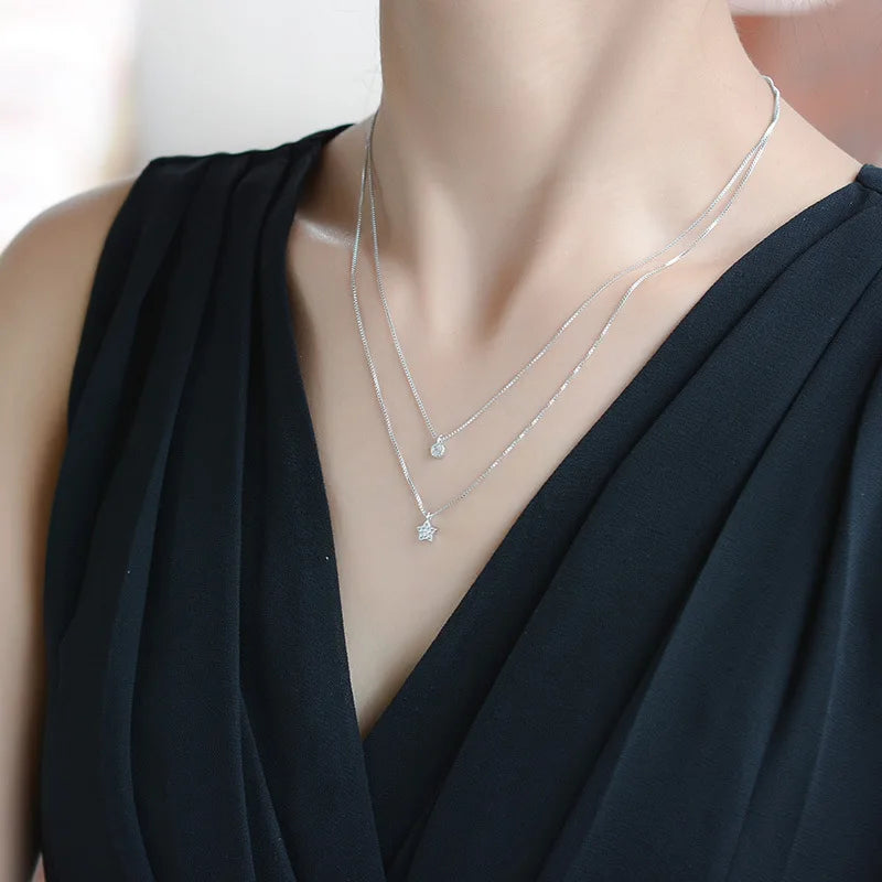 Double Layer Pentagram Necklace with Diamond Star Pendant