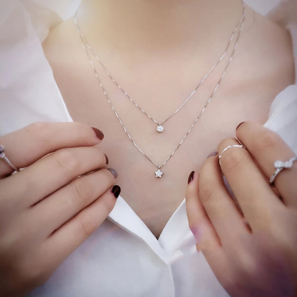 Double Layer Pentagram Necklace with Diamond Star Pendant