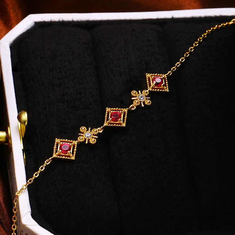 S925 Silver Gold-Plated Ruby Earrings Diamond Inlaid Ladies Bracelet