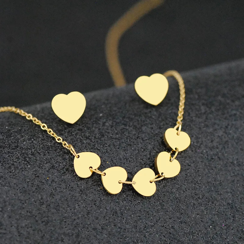 Heart Necklace Earrings Set Gold-Plated Stainless Steel Chain Jewelry