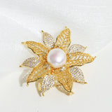 14K Plated Pearl Flower CZ Brooch Lady Scarf Buckle