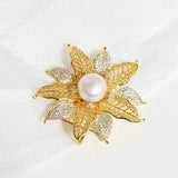 14K Plated Pearl Flower CZ Brooch Lady Scarf Buckle