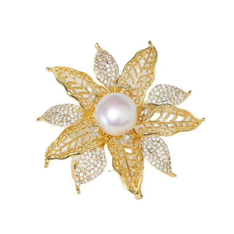 14K Plated Pearl Flower CZ Brooch Lady Scarf Buckle